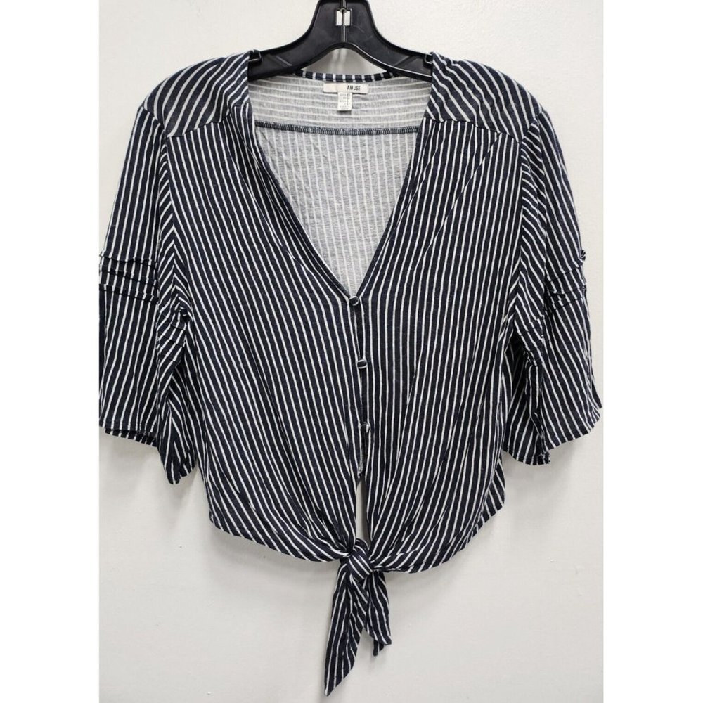 Amuse Society Womens Cropped Top XS Black White Striped Tie Hem Flared Sleeve